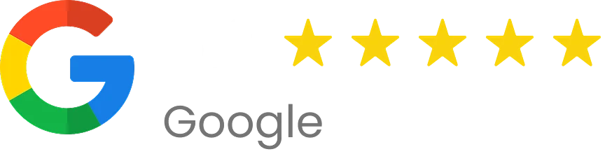 Google-logo med fem gule stjerner som vurderingssymbol
