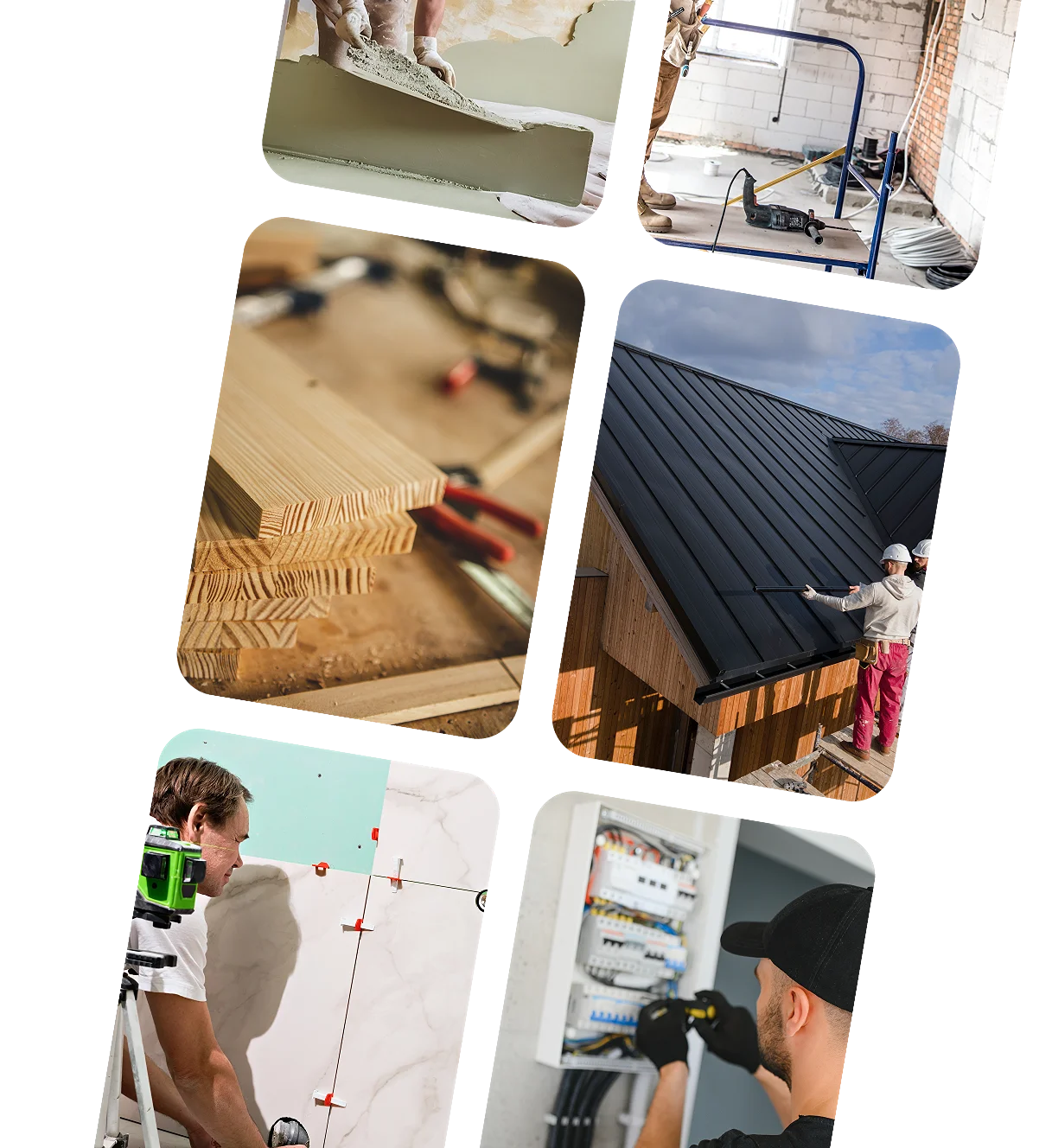 Totalrenovering av bolig med håndverkere som sparkler vegger, monterer trevirke, legger tak, fliser og el-anlegg