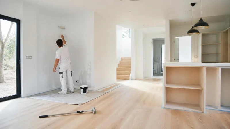Malerarbeid i lyst, nyrenovert rom med maler som ruller hvit maling på veggen